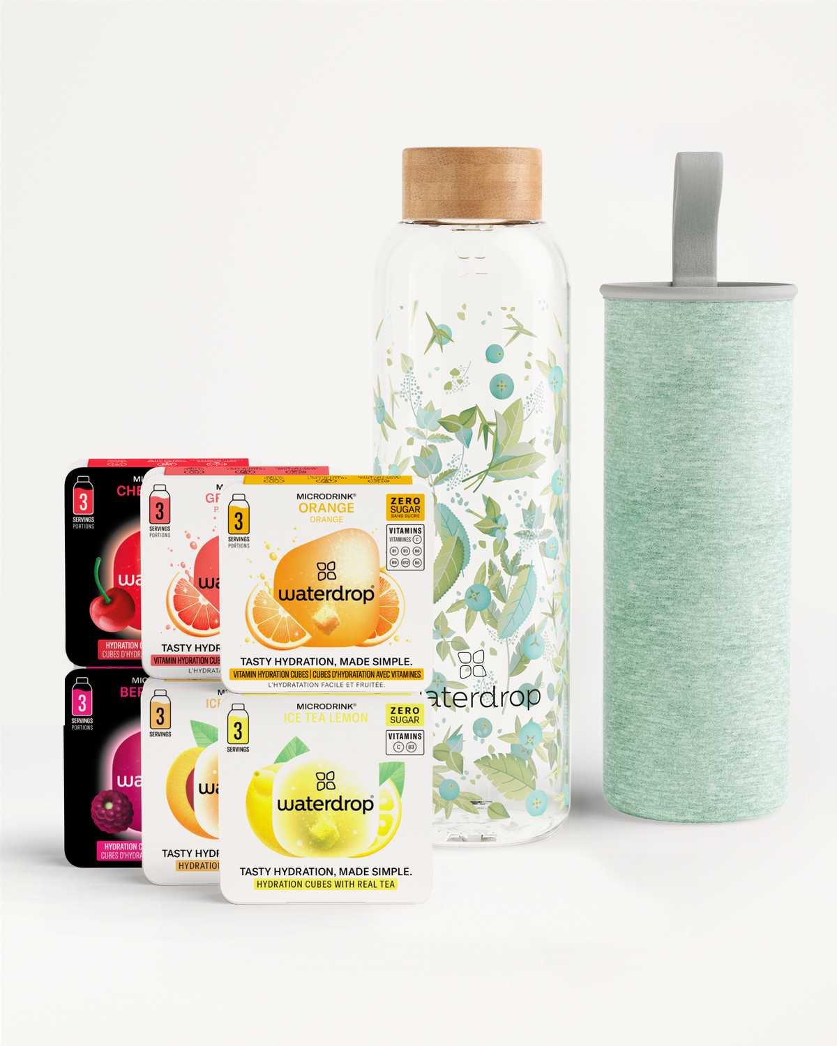 Coffret Dégustation Verre with hydration cubes and water bottle.