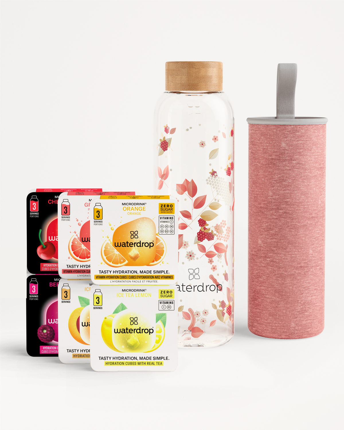 Coffret Dégustation Verre with hydration cubes and glass bottle.