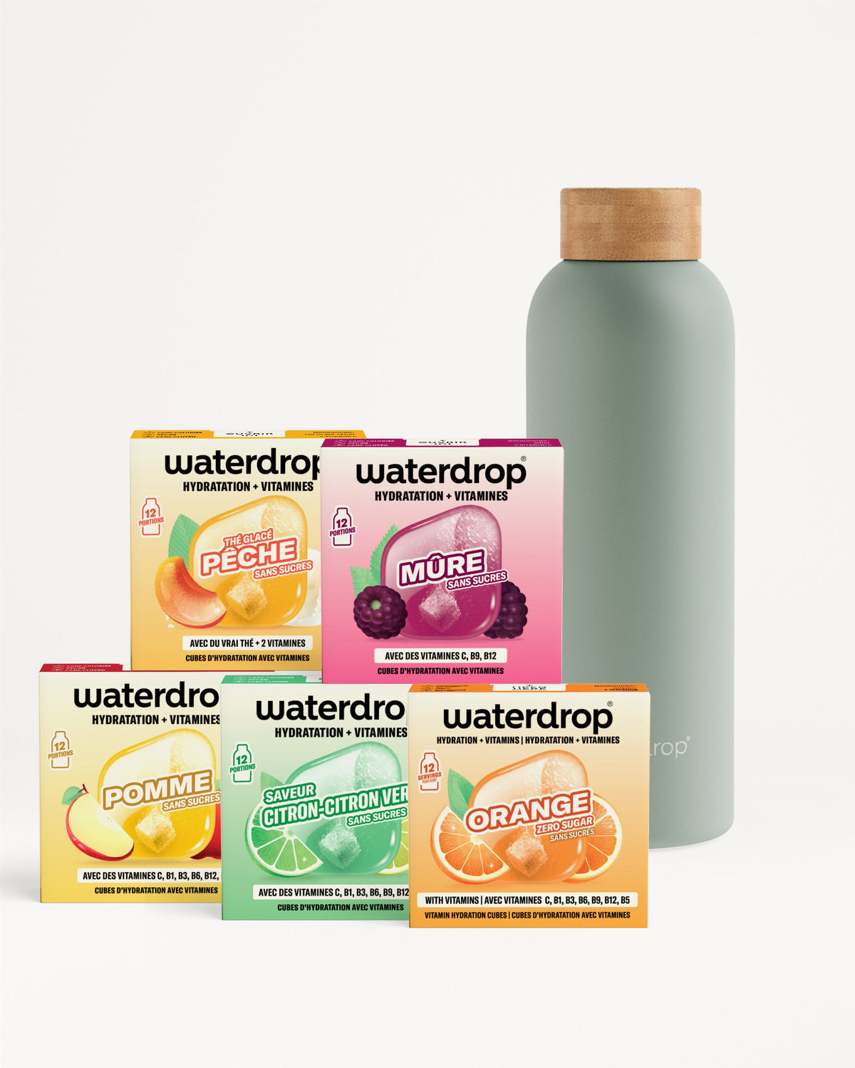 30 Days Starter Set Thermo Steel with flavored hydration cubes and bottle.