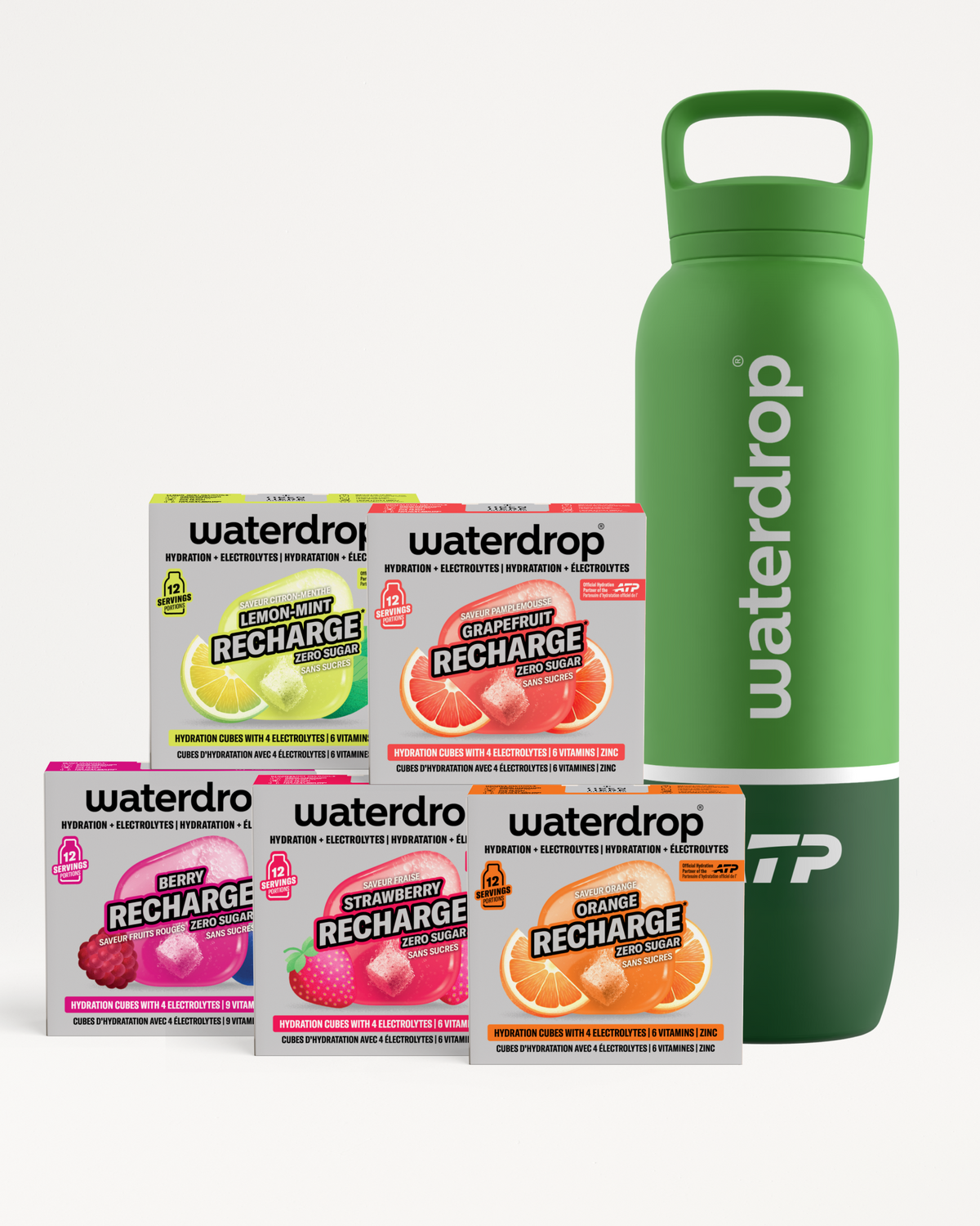 Boîtes de saveurs Waterdrop Recharge assorties avec une bouteille réutilisable verte.