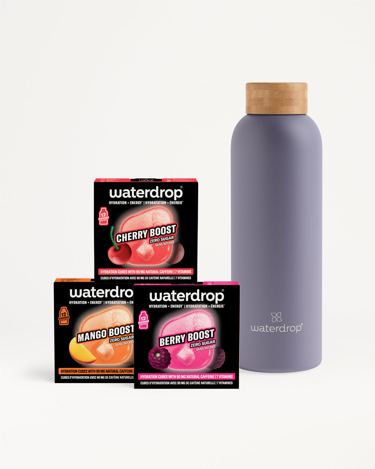 Assortiment de trois boîtes Waterdrop Boost à côté d'une bouteille violette avec bouchon en bois.