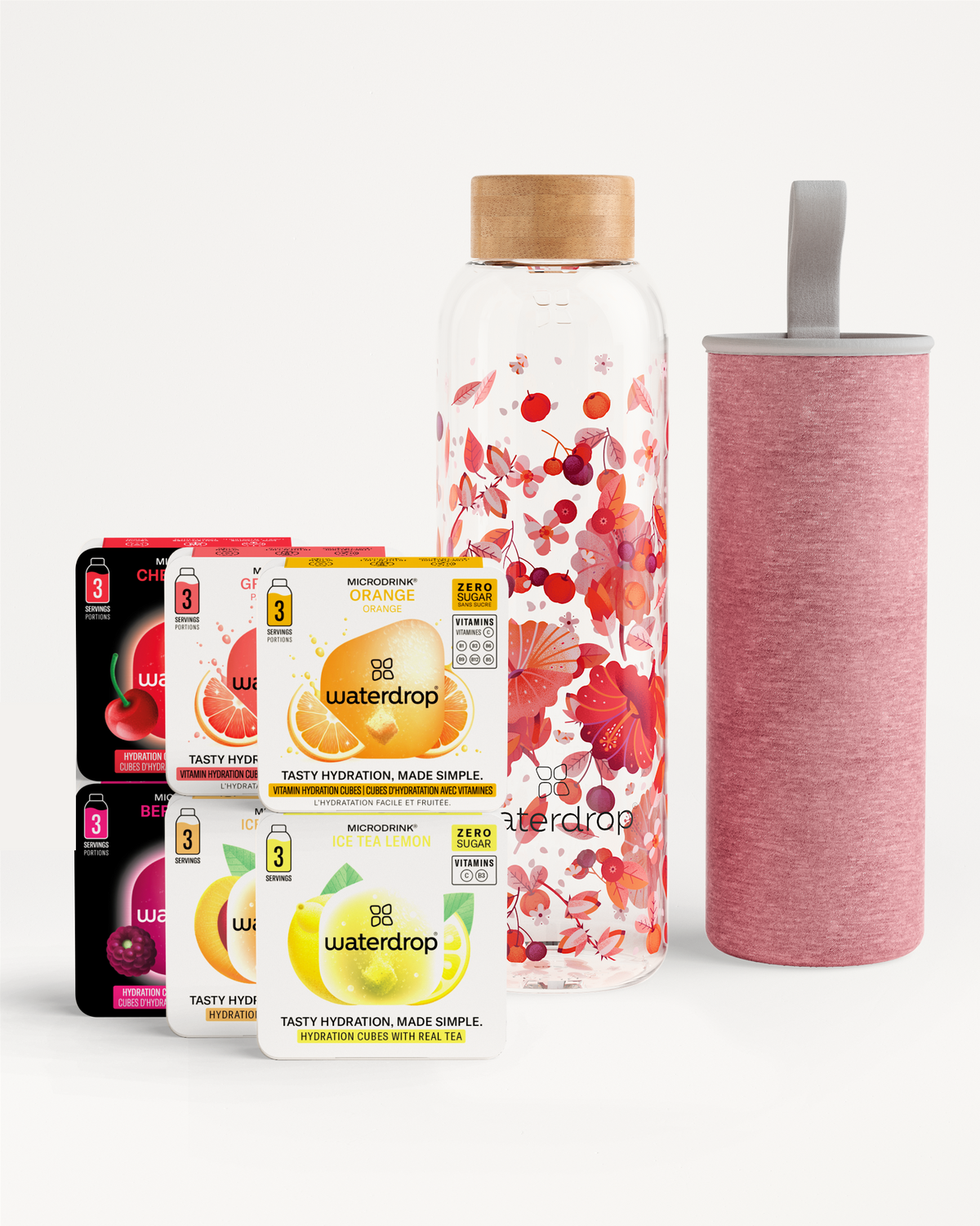Coffret Dégustation Verre with hydration cubes and glass bottle.