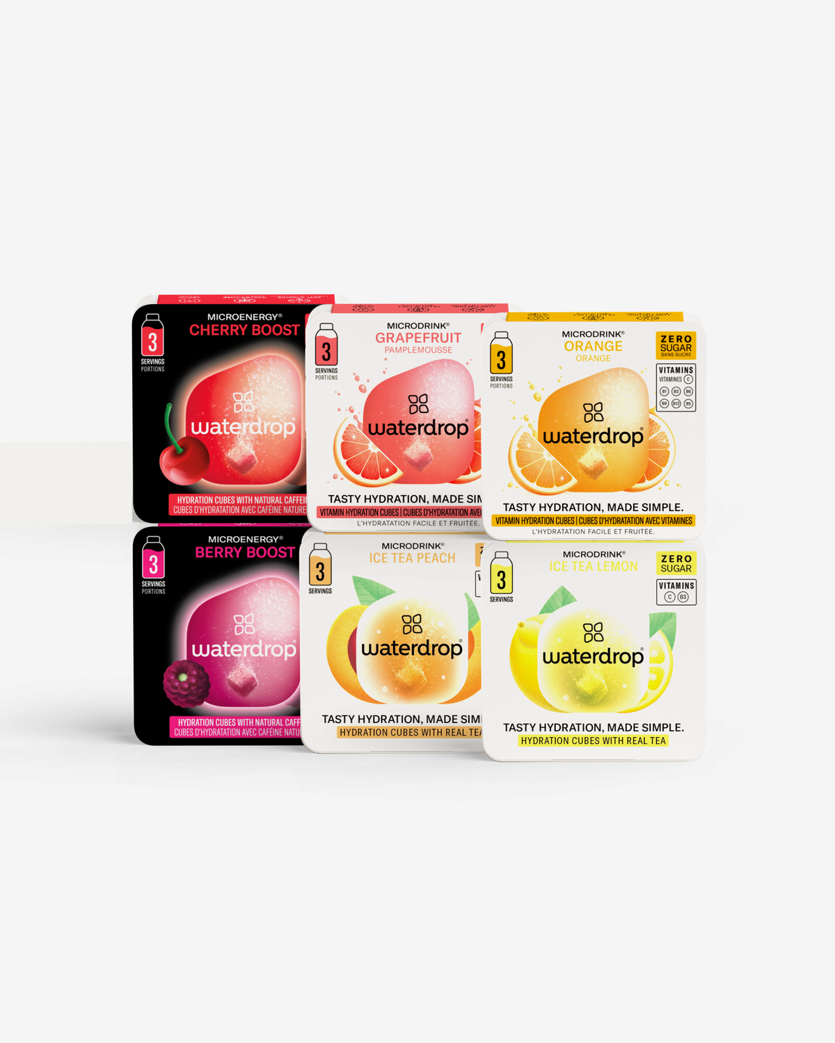 Coffret Mélange Découverte: Six Waterdrop hydration cube packs.