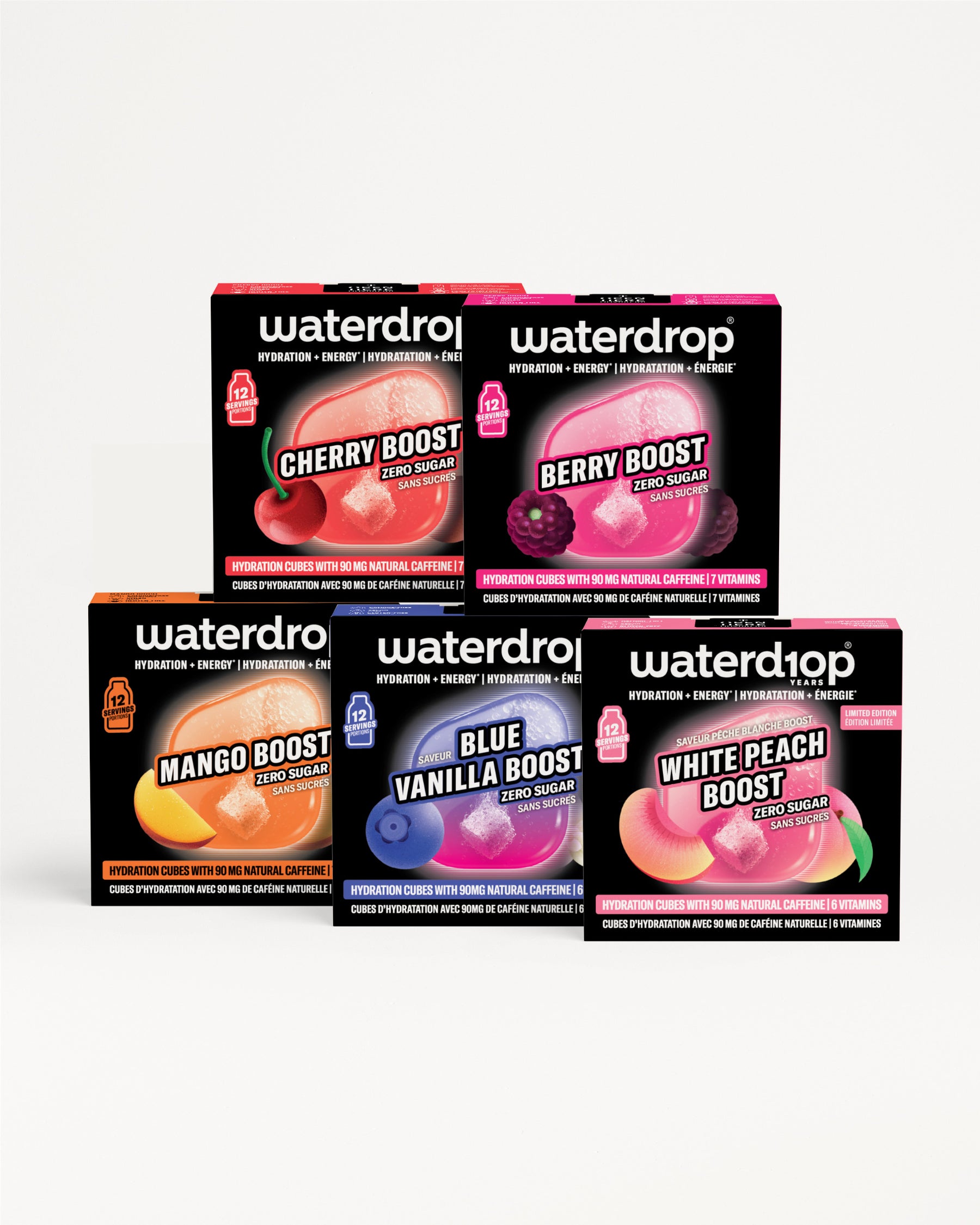 Ensemble de boîtes Waterdrop Flavor Boost disposées en deux rangées.