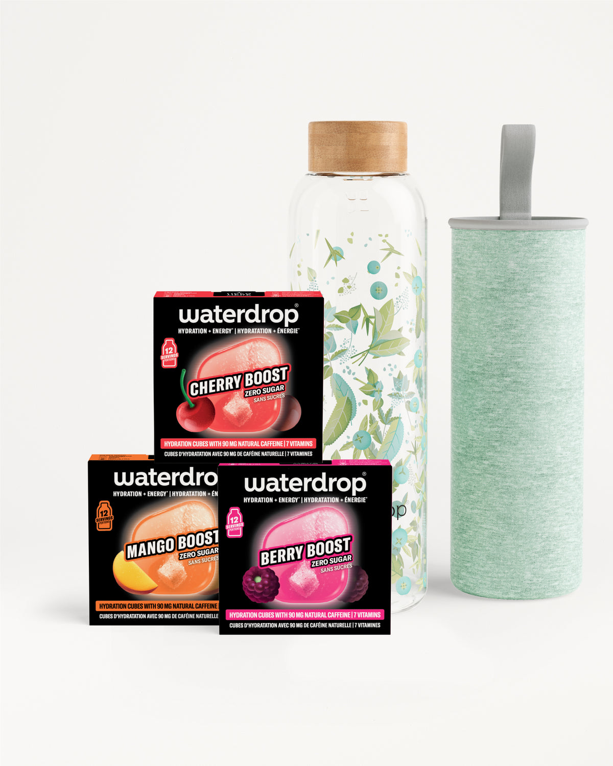 Ensemble de trois boîtes Waterdrop Flavor Boost avec une bouteille en verre et un gobelet vert clair.