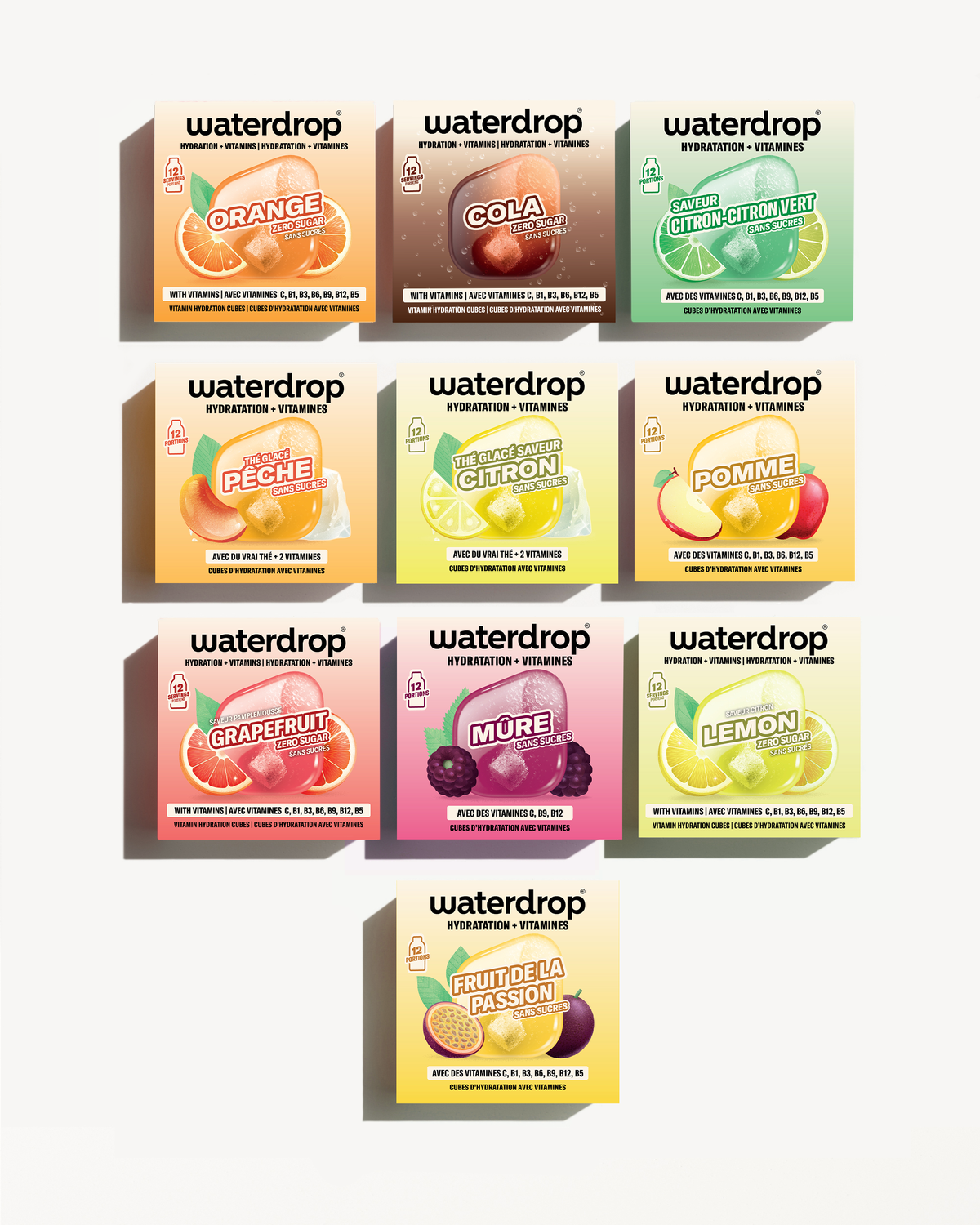 Boîtes Waterdrop de saveurs variées disposées en pyramide sur fond clair.