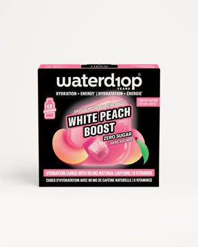 Petite boîte noire Waterdrop White Peach Boost cubes d'hydratation sans sucre.