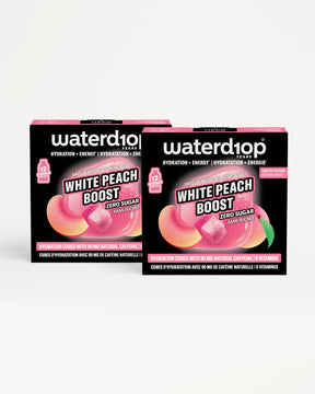Deux boîtes noires Waterdrop d'hydratation avec des accents roses sur fond blanc.